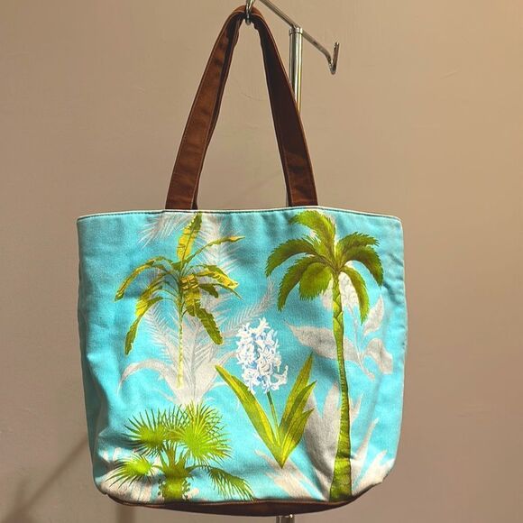 Bath & Body Works Handbags - Bath and Body Works Vintage Y2K Palm Floral Print Canvas Tote Green & Blue
